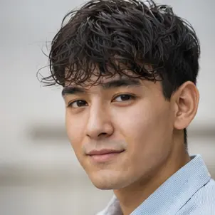 Ein junger Mann mit kurzen, gewellten dunklen Haaren blickt mit einem leichten Lächeln in die Kamera. Er trägt ein helles Hemd mit Kragen und steht vor einem unscharfen, neutralen Hintergrund.