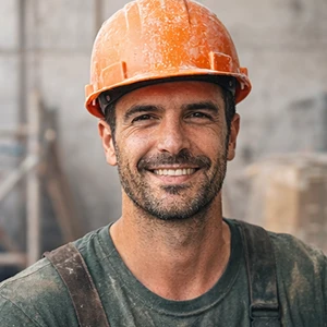 Ein Mann, der einen orangefarbenen Bauhelm und ein dunkles T-Shirt trägt, lächelt, während er auf einer Baustelle steht. Staub bedeckt seinen Helm und seine Kleidung, während Dokumente für einen Sitzverlegungsnotar zwischen den verschwommenen Baumaterialien im Hintergrund liegen.
