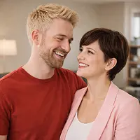 Ein lächelnder Mann in einem roten Hemd steht dicht neben einer lächelnden Frau in einem rosa Blazer. In einer warm beleuchteten, häuslichen Umgebung sehen sie sich liebevoll an - vielleicht besprechen sie ihre Zukunft mit einem Grundschuld Notar Berlin.