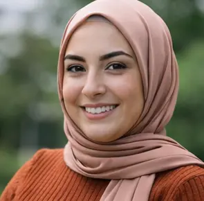 Eine Frau, die einen hellbraunen Hidschab und einen rostfarbenen Pullover trägt, lächelt im Freien vor einem unscharfen grünen Hintergrund und wartet vielleicht auf ihren Termin zur Umfirmierung beim Notar.