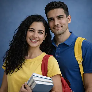 Zwei lächelnde junge Erwachsene, einer mit langen lockigen Haaren und einem gelben Hemd, der Bücher in der Hand hält, der andere mit kurzen dunklen Haaren und einem blauen Hemd, beide mit Rucksäcken, stehen vor einem blauen Hintergrund - bereit für neue Abenteuer in Berlin.