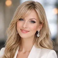 Eine lächelnde Frau mit langem, gewelltem blondem Haar trägt einen weißen Blazer und baumelnde Ohrringe. Sie ist leicht geschminkt und posiert in einem sanft beleuchteten Innenraum, der die Professionalität eines Immobilien Notars Berlin widerspiegelt.