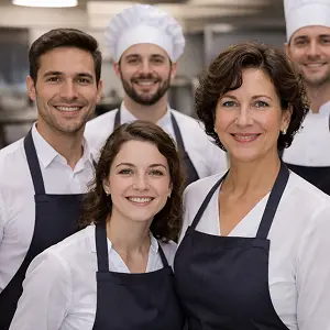 Eine Gruppe von fünf lächelnden Köchen, drei Männer und zwei Frauen, die weiße Hemden und dunkle Schürzen tragen, stehen zusammen in einer professionellen Küche - bereit, UG gründen ihr eigenes kulinarisches Unternehmen. Zwei der Männer tragen Kochmützen.