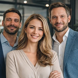 Drei professionell gekleidete Personen, zwei Männer und eine Frau, stehen in einem Innenraum eng beieinander und lächeln selbstbewusst in die Kamera. Die moderne Büroumgebung lässt auf ein Team schließen, das bereit ist, bei der Sitzverlegung von Notaren zu helfen.