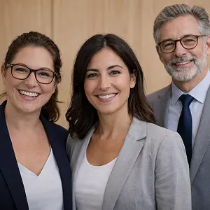 Drei Geschäftsleute, zwei Frauen und ein Mann, lächeln in Geschäftskleidung und mit Brille zusammen und posieren selbstbewusst, als ob sie bereit wären, eine GmbH in Berlin zu gründen, vor einem hellen Holzhintergrund.