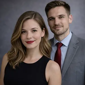 Eine Frau mit schulterlangem blondem Haar und einem schwarzen ärmellosen Oberteil steht vor einem Mann, der einen grauen Anzug, ein hellblaues Hemd und eine rote Krawatte trägt. Beide lächeln vor einem grauen Studiohintergrund, der Holding gründen Berlin darstellt.