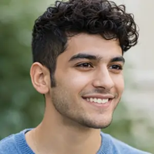 Ein junger Mann mit kurzen, lockigen dunklen Haaren und hellen Bartstoppeln lächelt und schaut leicht zur Seite. Er trägt einen blauen Pullover und steht im Freien vor einem unscharfen grünen Hintergrund, vielleicht nach einer erfolgreichen GmbH Verkauf Notar Sitzung.