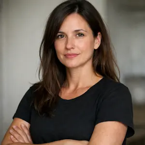 Eine Frau mit langen braunen Haaren und schwarzem T-Shirt steht mit verschränkten Armen in einem Haus und schaut selbstbewusst in die Kamera. Der sanft verschwommene Hintergrund deutet auf eine moderne GmbH Holding-Büroumgebung hin.