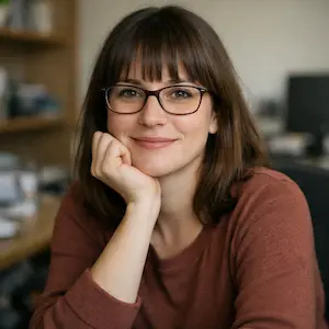 Eine Frau mit glattem braunem Haar und Brille lächelt sanft und stützt ihr Kinn auf ihre Hand. Sie trägt ein braunes langärmeliges Hemd und sitzt in einem Büro, wo sie möglicherweise über die Gründung mit juristischen Personen als Gesellschafter diskutiert.