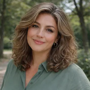 Eine Frau mit schulterlangem, gewelltem hellbraunem Haar lächelt sanft ins Freie. Sie trägt ein grünes Button-up-Hemd und Ohrringe, vor einem unscharfen Hintergrund aus Bäumen - ideal für ein professionelles Porträt des Immobilien Notar Berlin.