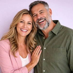 Lächelndes Paar, das gemeinsam vor einem hellvioletten Hintergrund posiert; die Frau hat langes blondes Haar und trägt einen rosa Blazer, während der Mann graues Haar und einen Bart hat und ein grünes Button-up-Hemd trägt.