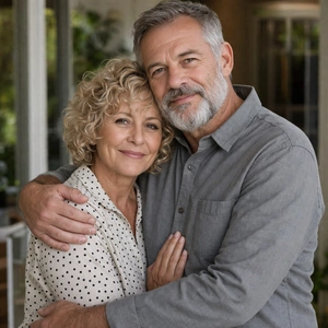 Ein lächelndes älteres Paar steht dicht beieinander und umarmt sich herzlich. Die Frau hat lockiges blondes Haar und trägt eine gepunktete Bluse, der Mann, mit grauem Haar und Bart, trägt ein graues Hemd. Sie scheinen glücklich zu sein, nachdem sie gelernt haben, wie man einen Erbschein für Berlin beantragt.