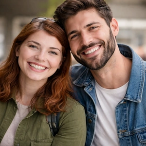 Eine junge Frau mit roten Haaren und ein junger Mann mit dunklen Haaren posieren lächelnd und eng beieinander im Freien in Berlin. Die Frau trägt eine olivgrüne Jacke und der Mann eine Jeansjacke. Beide sehen glücklich und entspannt aus, vielleicht nachdem sie gelernt haben, wie man Erbschein beantragen Berlin.
