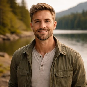 Ein lächelnder Mann mit kurzen braunen Haaren und einem gestutzten Bart steht im Freien an einem ruhigen See, umgeben von Bäumen und Bergen. Bekleidet mit einem hellen Hemd und einer olivfarbenen Jacke genießt er die Ruhe - weit weg von seinem hektischen Leben als Rechtsanwalt in Berlin.