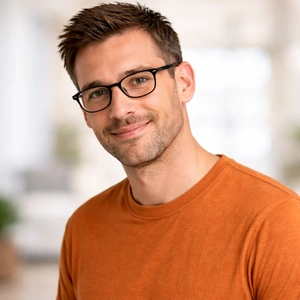 Ein Mann mit kurzen braunen Haaren und Brille, der ein orangefarbenes Hemd trägt, lächelt in die Kamera, während er ein Buch über Online-Gründungen hält. Der Hintergrund ist leicht unscharf und suggeriert eine Innenumgebung mit natürlichem Licht.