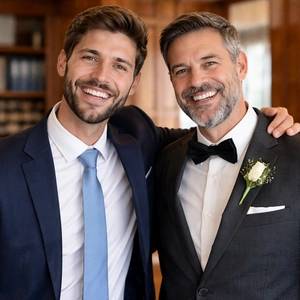 Zwei lächelnde Männer in Anzügen, die in einem Haus dicht beieinander stehen. Der eine trägt eine blaue Krawatte, der andere eine schwarze Fliege mit einer weißen Rosenboutonniere, was auf einen formellen Anlass wie eine Hochzeit hindeutet. Beide haben kurze Haare und Bärte.