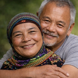 Ein älteres Paar lächelt freundlich in die Kamera, wobei der Mann die Frau von hinten umarmt. Die Frau trägt ein buntes Kopftuch und gemusterte Kleidung, während der Mann ein graues Hemd trägt. Beide sehen zufrieden und glücklich aus, draußen in Berlin, vielleicht nachdem sie einen Notar Erbrecht konsultiert haben.