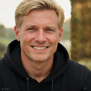 Ein lächelnder Mann mit kurzen blonden Haaren und schwarzem Kapuzenpulli sitzt im Freien, vielleicht nach einem Treffen mit einem Notar für Kapitalerhöhungen, mit Bäumen und Grünflächen im unscharfen Hintergrund.