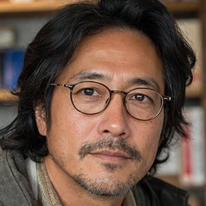 Ein Mann mit mittellangem, dunklem Haar, Schnurrbart und Bart, der eine runde Brille und ein legeres Jackett trägt, blickt mit neutralem Blick in die Kamera. Unscharfe Bücherregale im Hintergrund deuten auf seine Rolle als Rechtsanwalt Strafrecht hin.