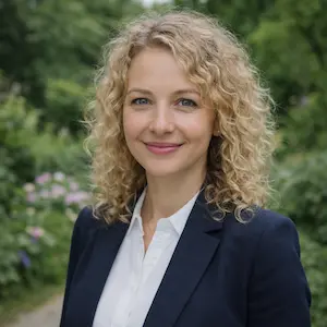 Eine Frau mit lockigem blondem Haar, die einen marineblauen Blazer und ein weißes Hemd trägt, lächelt, während sie im Freien steht, mit Grünzeug und Blumen im unscharfen Hintergrund, und einen Ordner mit der Aufschrift "Löschungsbewilligung" in der Hand hält.