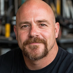 Ein Mann mittleren Alters mit Glatze, Schnurrbart und Spitzbart lächelt leicht und trägt ein schwarzes Hemd. Der unscharfe Hintergrund deutet auf eine Werkstatt oder Garage hin, aber sein Auftreten vermittelt das Vertrauen eines Rechtsanwalts Strafrecht.