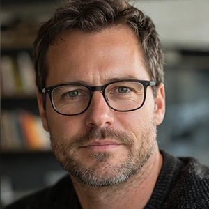 Ein Mann mit kurzen braunen Haaren, einem Bart und einer Brille blickt in die Kamera. Er trägt einen dunklen Pullover und befindet sich in einem Innenraum, möglicherweise in einem Büro von Immobilien Notar Berlin, mit Regalen voller Bücher im Hintergrund.