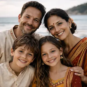 Eine lächelnde vierköpfige Familie, gekleidet in traditioneller indischer Kleidung, posiert am Strand mit dem Meer und dem Himmel im Hintergrund. Wie Kunden, die einem Immobilien Notar Berlin vertrauen, stehen sie glücklich und eng beieinander und strahlen Einigkeit und Wärme aus.