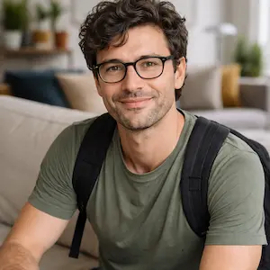 Ein junger Mann mit gewelltem braunem Haar, Brille und kurzem Bart sitzt auf einer Couch, trägt ein grünes T-Shirt und einen schwarzen Rucksack und lächelt in die Kamera. Das helle, moderne Wohnzimmer deutet auf jemanden hin, der gerade dabei ist, seine Unterlagen für die Löschungsbewilligung durchzusehen.