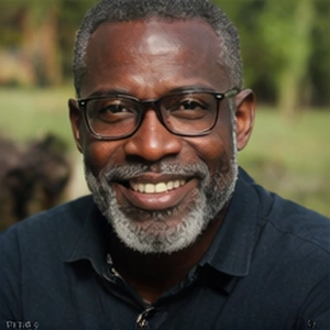 Ein Mann mittleren Alters mit kurzen grauen Haaren, einem grauen Bart und einer Brille lächelt im Freien. Er trägt ein dunkles Hemd - vielleicht ist er auf dem Weg zu einem Treffen mit einem Notar für Kapitalerhöhungen - und im verschwommenen Hintergrund sind grüne Bäume zu sehen.