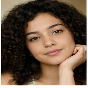 Eine junge Frau mit lockigem, dunklem Haar stützt ihr Kinn auf die Hand und blickt mit sanftem, entspanntem Ausdruck in die Kamera - vielleicht denkt sie darüber nach, wie einfach es ist, gmbh online gründen.