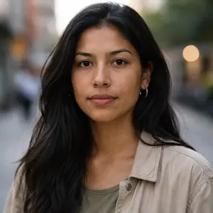 Eine Frau mit langen dunklen Haaren, die Ohrringe und eine beigefarbene Jacke über einem grünen Oberteil trägt, steht im Freien auf einer verschwommenen Stadtstraße und blickt ruhig in die Kamera - vielleicht denkt sie über den Prozess der Ablauf Notartermin GmbH nach.