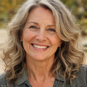 Eine lächelnde Frau mit gewelltem, schulterlangem, graublondem Haar, die ein graues Hemd trägt, steht im Freien mit grünem Laub im unscharfen Hintergrund - vielleicht auf dem Weg zu einem Notartermin für eine Kapitalerhöhung.