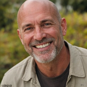 Ein Mann mittleren Alters mit kahlem Kopf und grauem Bart lächelt freundlich in die Kamera. Er steht im Freien vor verschwommenem Grün und trägt ein beigefarbenes Hemd - vielleicht ein Notar, der in das Verfahren der Liquidationsgesellschaft eingebunden ist.