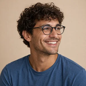 Ein junger Mann mit lockigen braunen Haaren, runder Brille und blauem T-Shirt, lächelt, während er vor einem schlichten beigen Hintergrund zur Seite schaut, vielleicht inspiriert von der Idee, gmbh online gründen.