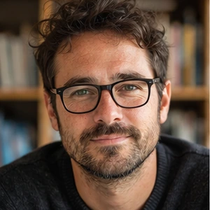 Ein Mann mit gewelltem braunem Haar, Bart und Brille lächelt freundlich in die Kamera. Er trägt einen dunklen Pullover und sitzt in einem Haus mit Bücherregalen im unscharfen Hintergrund, die den Eindruck eines engagierten Rechtsanwalts Zivilrecht vermitteln.