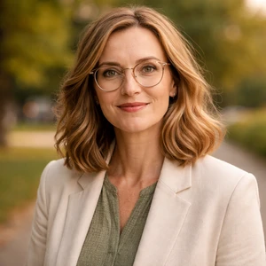 Eine Frau mit schulterlangem, gewelltem blondem Haar und Brille lächelt im Freien. Sie trägt einen hellen Blazer über einer grünen Bluse, mit Bäumen und einem verschwommenen Parkweg im Hintergrund - ein sympathischer Berliner Rechtsanwalt.