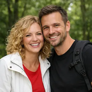 Ein lächelndes Paar posiert im Freien, vielleicht um über den Gesellschafterwechsel GmbH Anteilsverkauf zu sprechen; die Frau hat lockiges blondes Haar und trägt eine weiße Jacke über einem roten Hemd, während der Mann einen Bart, ein schwarzes Hemd, einen Rucksack und kurzes braunes Haar trägt. Hinter ihnen verschwimmen grüne Bäume.