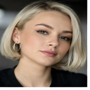 Eine junge Frau mit kurzem, glattem blondem Haar und Ohrringen blickt mit neutralem Blick in die Kamera. Sie trägt ein schwarzes Oberteil und ist natürlich geschminkt - vielleicht erwägt sie, UG online gründen, bei ihrem nächsten Vorhaben. Der Hintergrund ist sanft verschwommen.