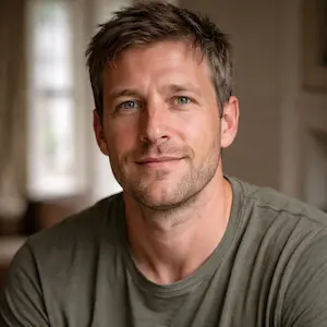 Ein Mann mit kurzen braunen Haaren und leichten Bartstoppeln, der ein grünes T-Shirt trägt, lächelt sanft, während er in einem warm beleuchteten Raum sitzt und vielleicht Unterlagen für eine Handelsregisteranmeldung GmbH Berlin durchgeht, der Hintergrund ist leicht verschwommen.