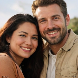 Ein lächelndes Paar posiert eng beieinander im Freien, beide schauen in die Kamera. Der Mann hat kurzes braunes Haar und einen Bart, die Frau hat langes dunkles Haar. Sie wirken glücklich, vielleicht diskutieren sie darüber, wie man gmbh online gründen mit Leichtigkeit.