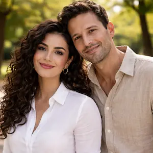 Ein lächelndes Paar posiert im Freien, die Frau in einer weißen Bluse und der Mann in einem beigen Hemd. Sie stehen dicht beieinander, mit Grün und Sonnenlicht im Rücken - vielleicht feiern sie, nachdem sie ihren vertrauten Rechtsanwalt Zivilrecht getroffen haben.