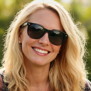 Eine Frau mit langem blondem Haar und schwarzer Sonnenbrille lächelt im Freien mit Grünpflanzen im unscharfen Hintergrund und verkörpert die Zuversicht eines Notars, der eine Liquidationsgesellschaft beaufsichtigt.