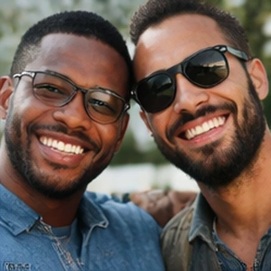 Zwei Männer lächeln und machen ein Selfie im Freien. Beide tragen Brillen - einer mit klarem Gestell, der andere mit Sonnenbrille - und feiern vielleicht ihre erfolgreiche Handelsregisteranmeldung, während sie dicht beieinander stehen und aufrichtig glücklich aussehen.