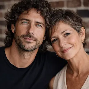 Ein Mann mit lockigem Haar und Bart sitzt dicht neben einer Frau mit kurzen Haaren, beide lächeln sanft in die Kamera vor einer Backsteinmauer - vielleicht diskutieren sie über Themen wie ausländische Gesellschafter und Geschäftsführer GmbH.