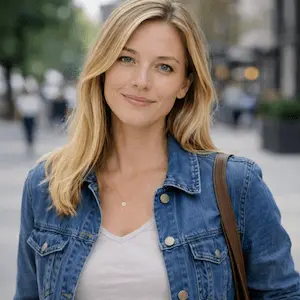 Eine Frau mit langen blonden Haaren, die eine Jeansjacke über einem weißen Oberteil trägt, steht im Freien auf einer Straße in der Nähe eines Transparenzregisters und lächelt freundlich in die Kamera.