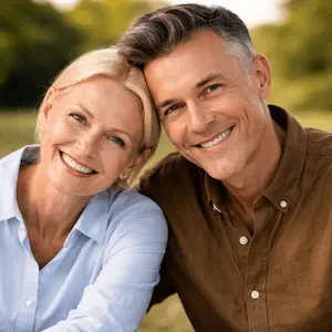 Lächelndes Paar mittleren Alters, das im Freien eng beieinander sitzt, die Köpfe berühren sich, mit grünen Bäumen im unscharfen Hintergrund. Die Frau hat blondes Haar und trägt ein hellblaues Hemd, ihr Partner, ein Rechtsanwalt Zivilrecht, trägt ein braunes Hemd.