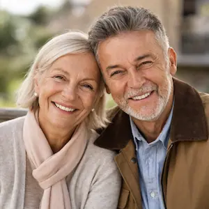 Ein älteres Paar sitzt eng beieinander im Freien und lächelt warm in die Kamera. Selbstbewusst und zufrieden zeigen sie die Freude, die sich einstellt, wenn man sich selbständig macht - und gemeinsam neue Chancen im späteren Leben wahrnimmt.