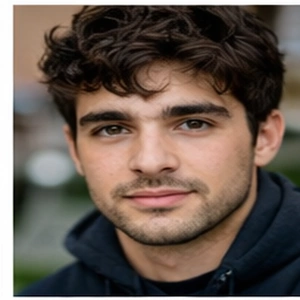 Ein junger Mann mit gewelltem dunklem Haar und gestutztem Bart, der einen dunklen Kapuzenpulli trägt, blickt direkt in die Kamera und hat einen neutralen Gesichtsausdruck - typisch für ein Profilbild eines Online-Notars. Der Hintergrund ist sanft verschwommen.