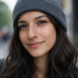 Eine junge Frau mit langen dunklen Haaren trägt eine graue Mütze und lächelt sanft in die Kamera. Sie befindet sich im Freien in Berlin, vielleicht entspannt sie sich, nachdem sie ihre Gewerbeanmeldung bearbeitet hat, mit einem unscharfen Hintergrund aus Grünflächen und Gebäuden.