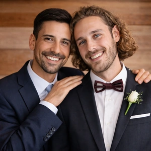 Zwei Männer in Anzügen lächeln und posieren dicht nebeneinander. Einer von ihnen trägt eine Fliege und eine Ansteckblume und deutet auf eine Hochzeit oder eine formelle Veranstaltung in Berlin hin - vielleicht kurz nach einem Treffen mit einem Ehevertragsnotar in Berlin, um ihren besonderen Tag zu feiern. Beide wirken glücklich und entspannt.